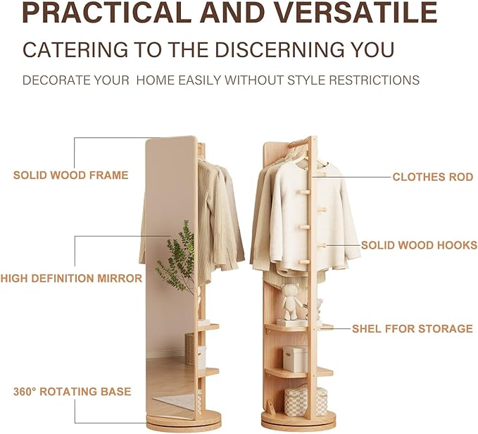 WoodsWhisper Full Length Mirror Coat Rack Solid Wood Floor Mirror 66"x12" Full Length Mirror with Stand Long Mirrors for Bedroom,Living Room