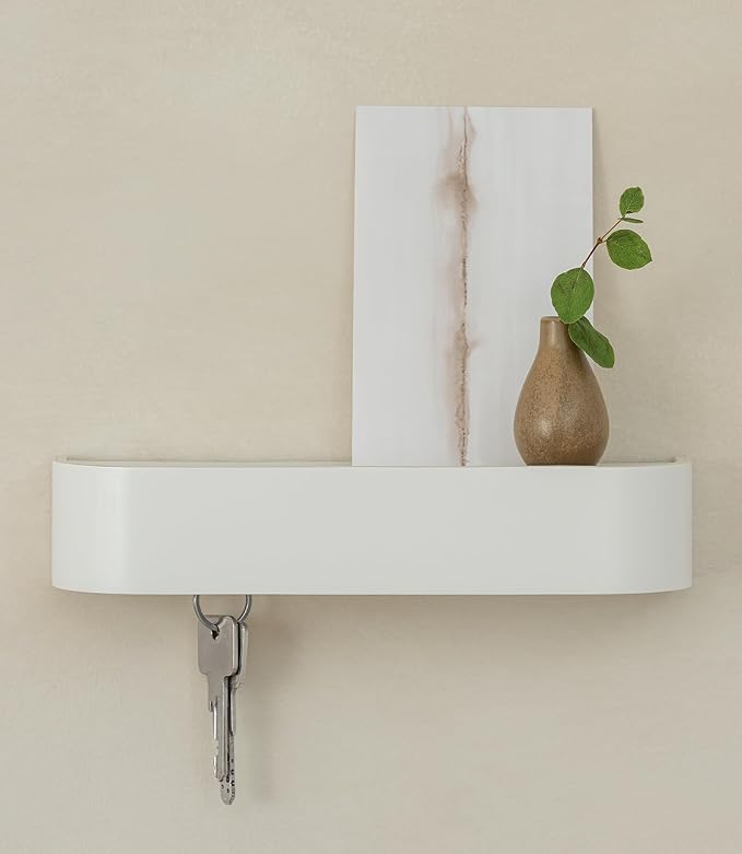Kazai. Key Holder 'Toke' | Minimalist Key Hook Design from Berlin | Modern Key Holder Wall Mount with Wooden Shelf | Key Rack for Wall as Entryway Organizer | White