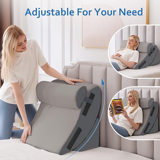 5Pcs Orthopedic Bed Wedge Pillow Set for After Surgery, Adjustable Wedge Pillow for Acid Reflux Relief, Bed Wedge Pillow Post Surgery, Memory Foam Wedge Pillows for Sleeping, Grey
