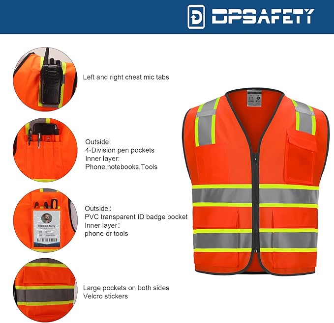 9 Pockets Hi Vis Safety Vest with Reflective Strips & Zipper Construction for Men & Women - Orange, 3XL
