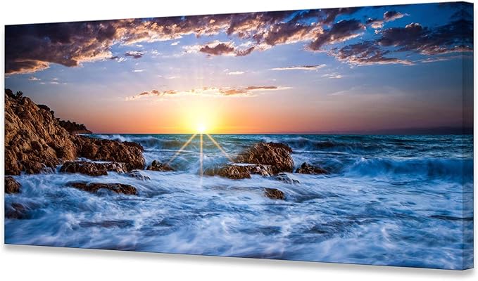Muolunna S05875 Wall Art Decor Canvas Print Picture Sunset Blue Ocean 1 Panel Sea Waves Scenery Painting Artwork for Office Wall Decor Home Decoration Stretched and Framed Ready to Hang 30x60inch