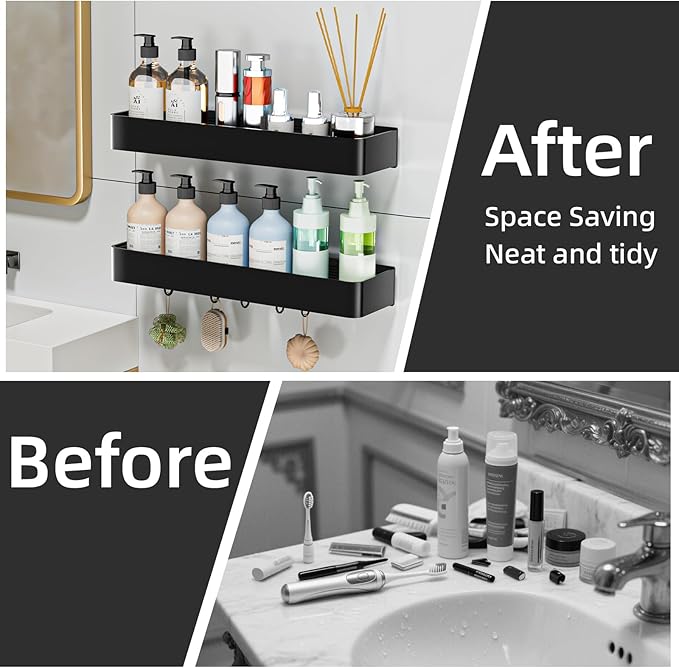Adhesive Shower Caddy,Rustproof Shower Shelve with Large Capacity,Quick-Dry Metal Bathroom Shelves with 5 Hooks, 2 Pack Drill-Free Durable Shower Organizers and Storage, Black