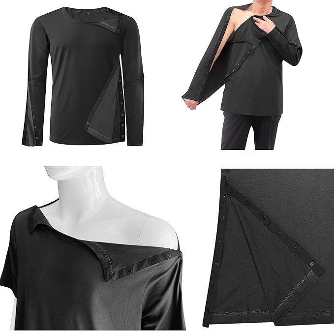 Unisex Post Shoulder Surgery Recovery Shirts - Full Tear Away Snap Long Sleeve Men Chemo Port Shirts for Men Women