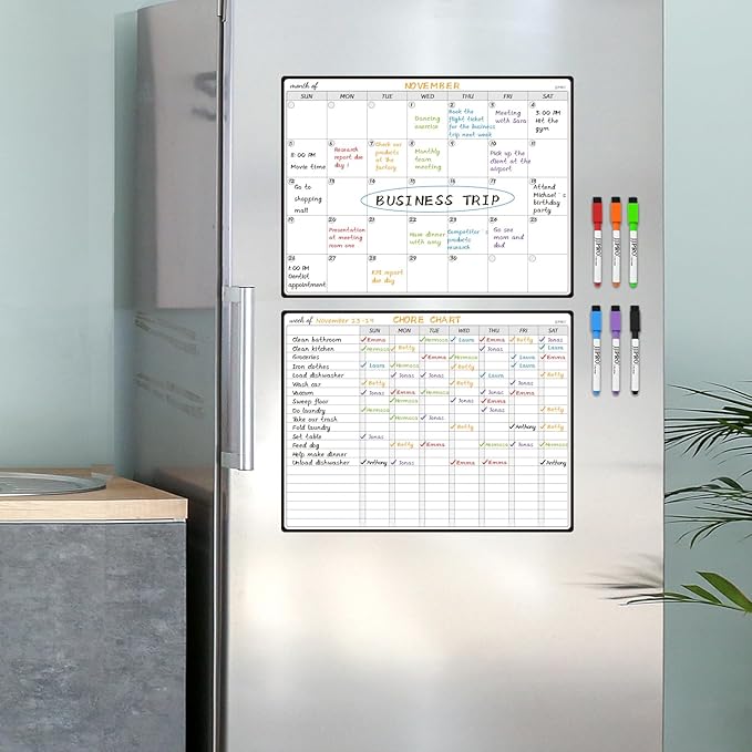 JJPRO Magnetic Dry Erase Chore Chart and Monthly Planner Whiteboard Bundle for Fridge - Chore Chart for Multiple Kids, Monthly Calendar, Behavior Chart, Reward Chart, 6 Markers