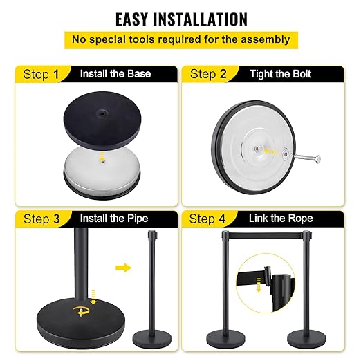 VEVOR Crowd Control Stanchion Set, Stanchion Set with 6.6 ft/2 m Black Retractable Belt, Black Crowd Control Barrier w/Concrete and Solid Metal Base - Easy Connect Assembly (6)