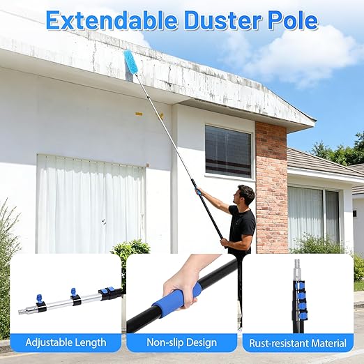 25 Foot High Ceiling Fan Duster with 5-18ft Extension Pole, Heavy Duty High Reach Duster Kit for Cleaning, Window Squeegee with Scrubber, Washable Dust Brush for High Roof and Glass Surfaces