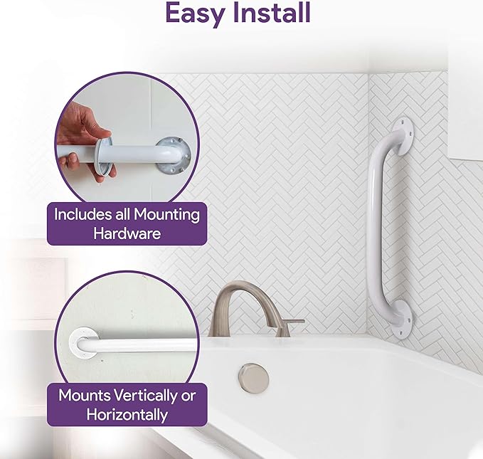 White 12 Inch Grab Bars for Bathtubs and Showers - Powder Coated Steel Bathroom Safety Rail Handle - Non Slip Grip Handicap Grab Bar for Seniors, 250 lbs Weight Support Capacity