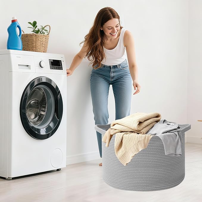 Large Storage Basket with Handle,23.6" x 23.6" x 15.7" Blanket Basket Storage Bins for Organizing,65L Cotton Rope Woven Baskets for Living Room, Nursery,Bedroom,Light Gry
