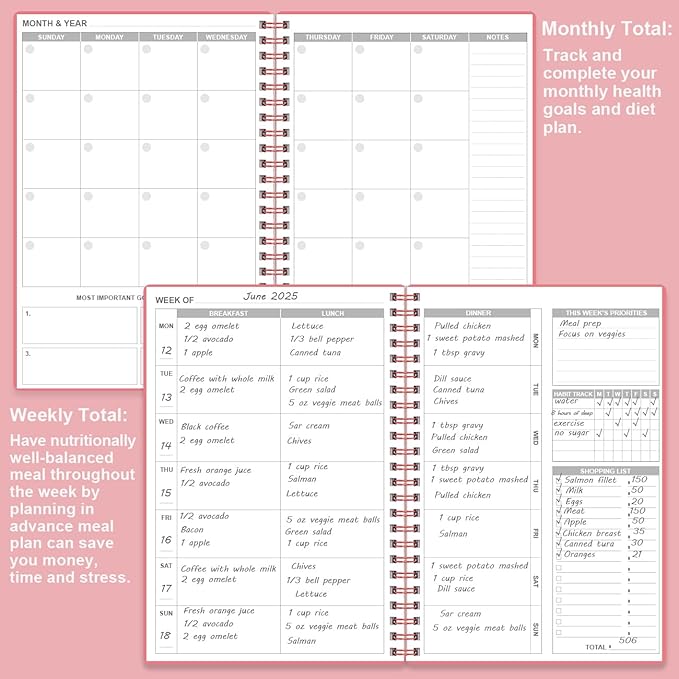 Weekly Meal Planner - A5 Weekly & Daily Meal Prep Journal with Shopping and Grocery Lists for Menu Planning, 93 Sheets/186 Pages Healthy Diet & Weight Loss Tracking, Undated, 52 Weeks, Lasts 1 Year,