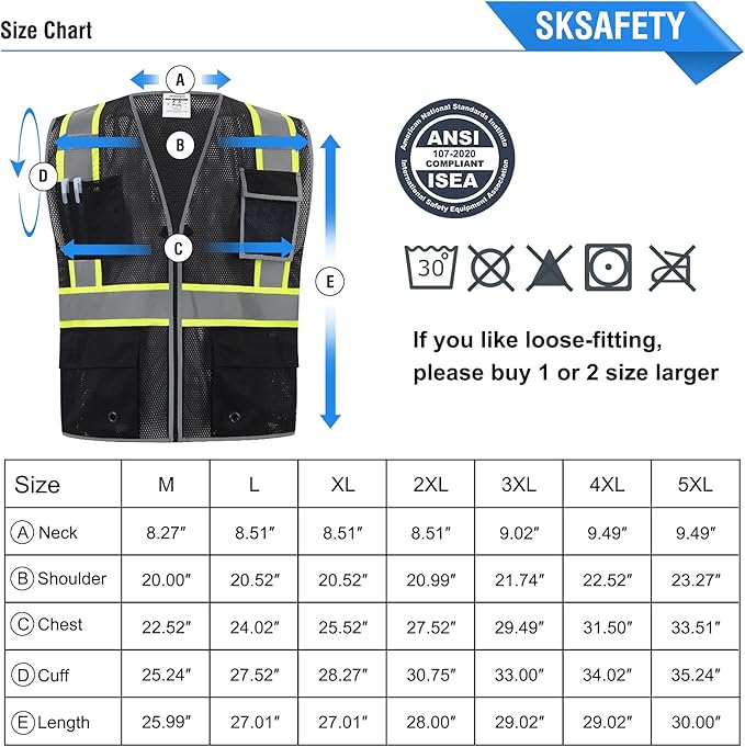 SKSAFETY 10 Pockets Safety Vest, Class 2 High Visibility Security with Zipper Double-sided mesh, Hi Vis Vest with Reflective Strips, ANSI/ISEA Standard, Construction Work Vest （Black, 4XL）