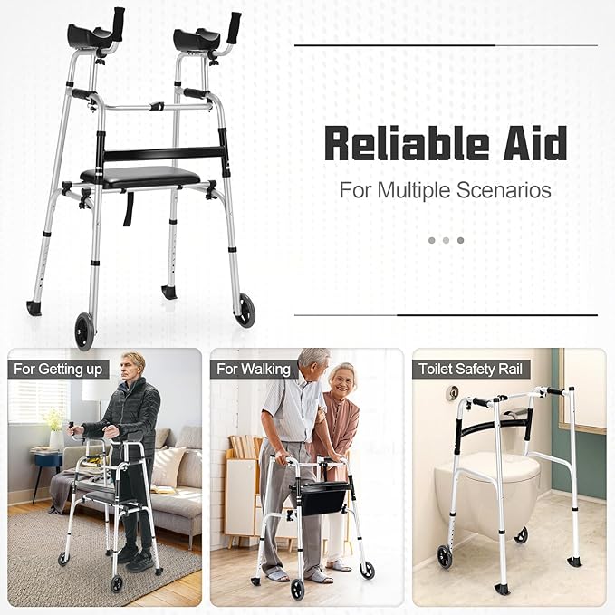 Folding Walkers for Seniors, Upright Walker with Seat, Removable Arm Support & 5" Wheels, Height Adjustable Platform Walker Mobility Aid for Elderly