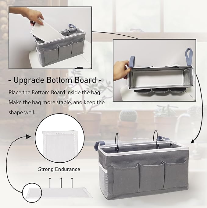 Bedside Caddy Storage Organizer - 2pcs Hanging Bag Holder with Pockets for Bedroom, Loft, Tent, Curtain, Bunk bed Shelf Accessories (Gray)