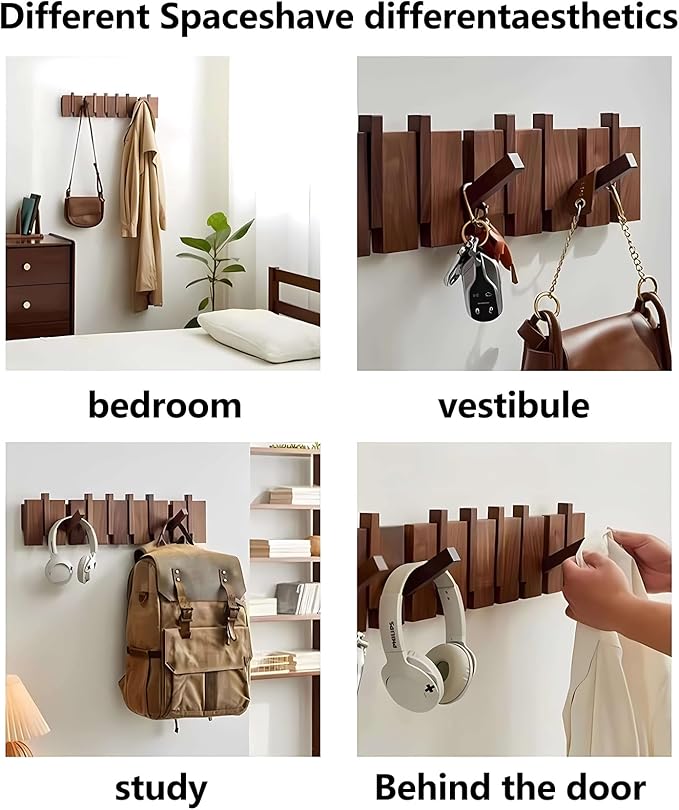 Wall Mounted Piano Key Hanger | Flip Style Hook | Entrance Wall Art Hook, Made of Oak Wood (3 Times Painted, 4 Times Polished) (Fence Beech, 12Hooks)