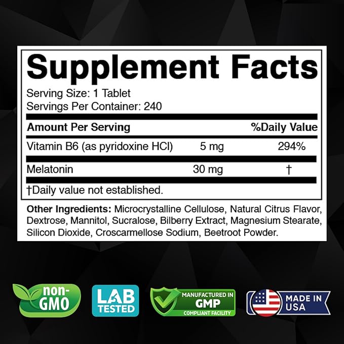 Melatonin 30 mg with Vitamin B6 – 240 Fast Dissolve Tablets High-Potency Sleep Support – Drug-Free, Natural Citrus Flavor – Vegetarian, Non-GMO, Gluten-Free