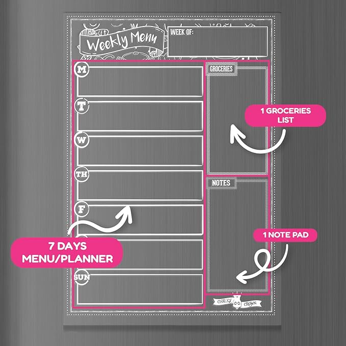 CHALKY CROWN Acrylic Magnetic Weekly Planner for Fridge - Menu Board for Kitchen with 8 Magnetic Markers - Weekly Meal Planner for Fridge with Grocery List & Notepad - Menu Planner (14.5x10.2)