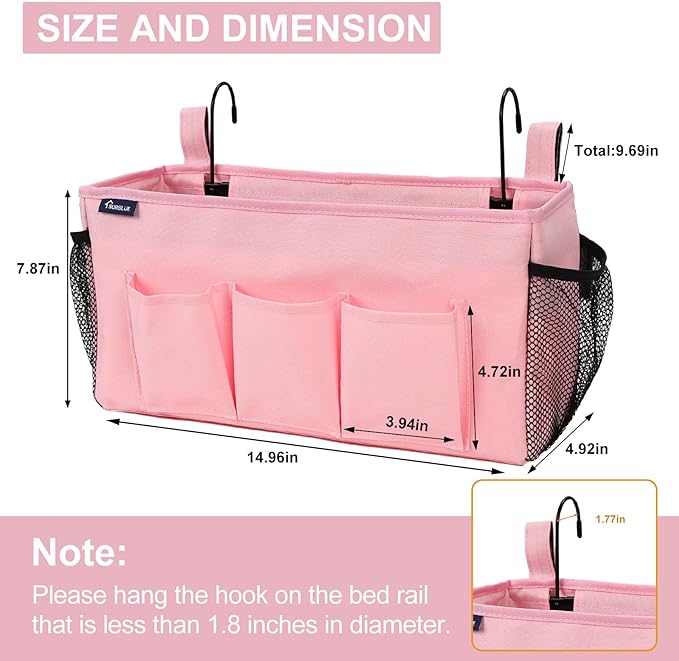 Surblue Bedside Organizer with Hook Caddy Hanging Storage Bag with Adjustable Straps and Water Bottle Holder for Home, College Dorm, Hospital Accessories, Crib Bed Rail, Pink, 2PCS