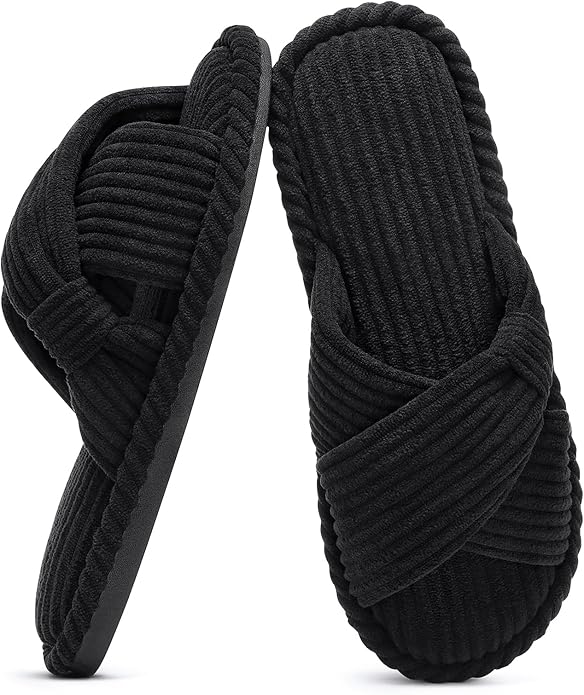 Evshine Fall House Slippers for Women Corduroy Cross Bow Indoor Slippers Open Toe Slip On Bedroom Shoes with Memory Foam