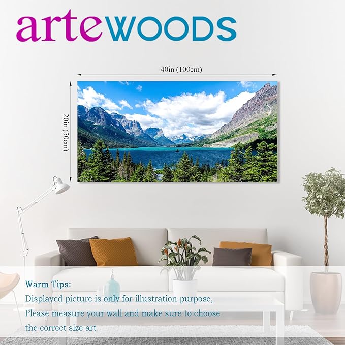 Landscape Saint Mary Lake Canvas Wall Art for Living Room Wall Decor Glacier National Park Canvas Pictures Blue Sky Mountain Forest Nature Scene Painting Artwork Home Office Decorations 20" x 40"