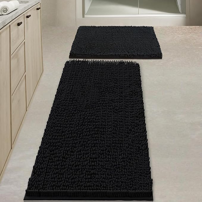 BOANKODU Bathroom Rugs Sets 2 Piece，47X16+16X24Inch，Absorbent Non-Slip Very Soft Chenille Mat,Machine Washable （Black）