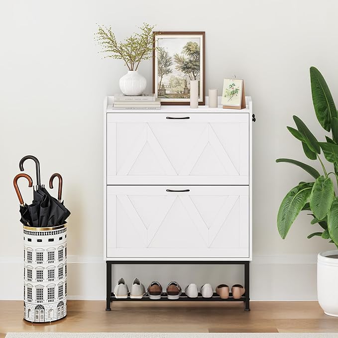 Narrow Shoe Storage Cabinet with 2 Flip Drawers & Adjustable Shelf for Entryway, Freestanding Hidden Slim Shoe Organizer Rack, White