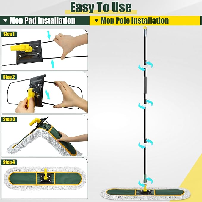 24" Commercial Dust Mop for Floor Cleaning, Heavy Duty Large Mop with Replacement Mops Pads, Industrial Duster Floor Wet Dry Broom for Cleaning Office Garage Hardwood Warehouse