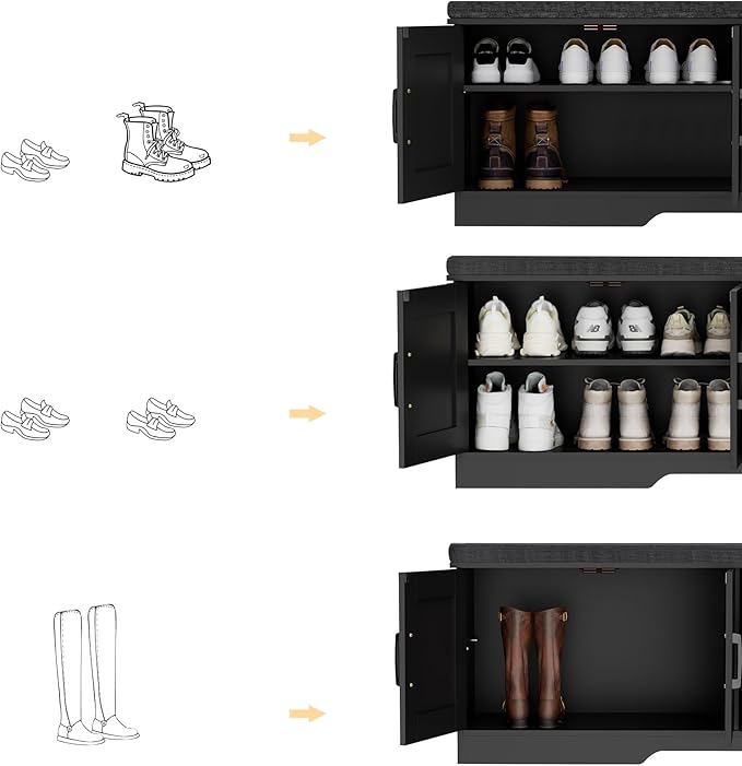 2-Tier Storage Bench, 47.2" Wide Shoe Bench with Padded Seat Cushion, Entryway Bench with 4 Barn Doors and Adjustable Shelf, Black
