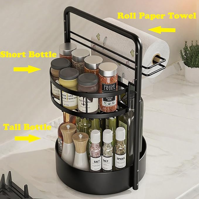 JEESA Lazy Susan Organizer, 360° Rotating Metal Spice Rack with Paper Towel Holder, Turntable Spice Holder for Condiments, Bottles, Jars, Suit for Kitchen Countertop & Cabinet, Black