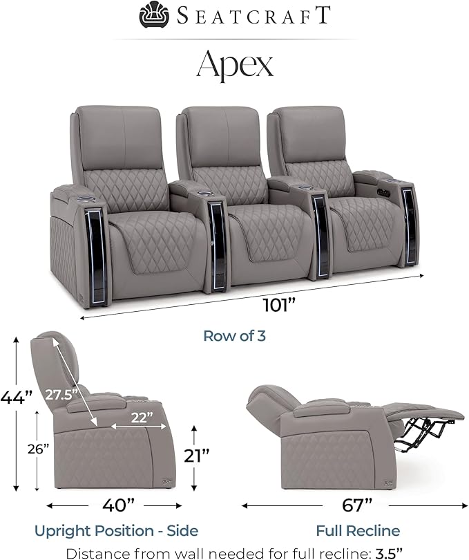 Seatcraft Apex Zero-Gravity CoolZero Italian Leather Home Theater Seating, Powered Headrest, Powered Lumbar, Powered Recline, Row of 3, Gray