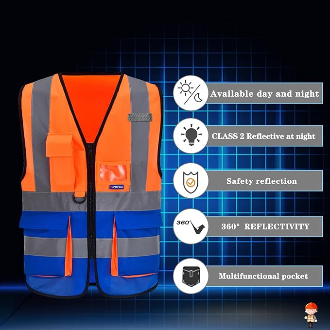 A-SAFETY High Visibility Safety Vest with 7 Pockets Multi Frontal Pockets Lighetweight Safety Vest with Reflective Strips and Zipper, Orange&Blue Color Mixed, XXXL