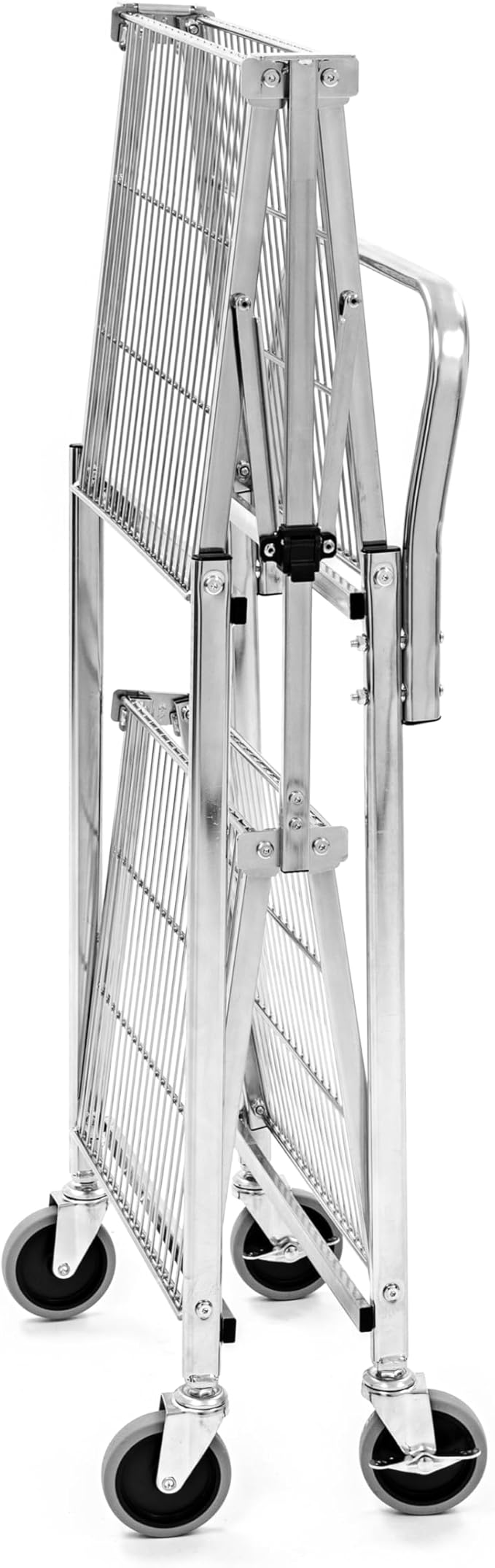 Stand Steady Original Tubstr Collapsible 2 Shelf Wire Cart, Easy to Push Heavy Duty Rolling Utility Cart, Folds Up for Storage, Commercial Grade (Chrome, 33.56” D x 18” W x 37.16” H)