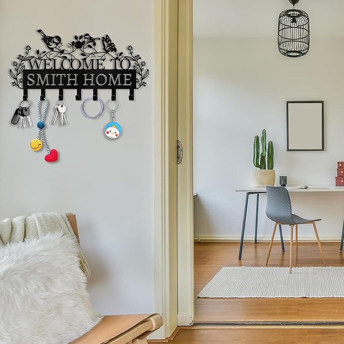 Personalized Key Holder for Wall - Custom Name Metal Wall Key Hanger - Welcome to My Home - Key Rack Holder Wall Mount for Living Room Bedroom Doorway Hallway, Unique Housewarming Gift