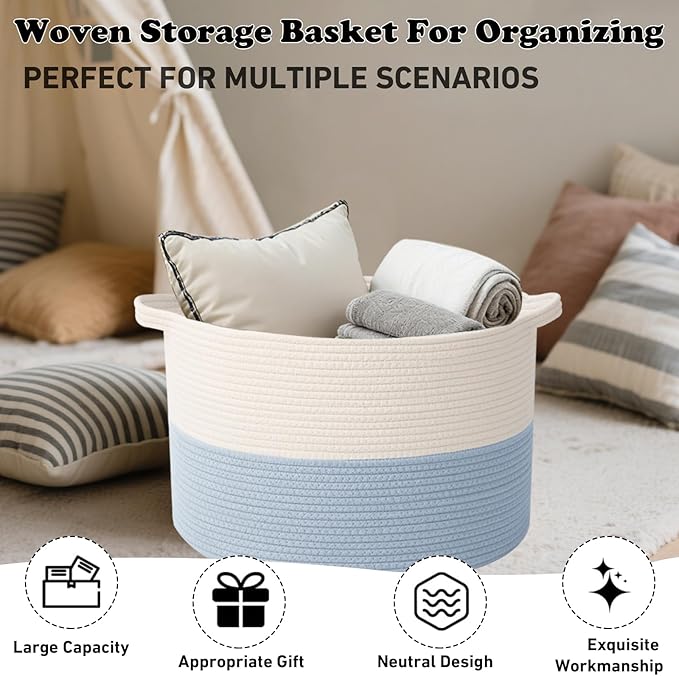 Large Storage Basket with Handle,19.7" L x 19.7" W x 13" H Blanket Basket Storage Bins for Organizing,65L Cotton Rope Woven Baskets for Living Room, Nursery ,Bedroom,White&Blue