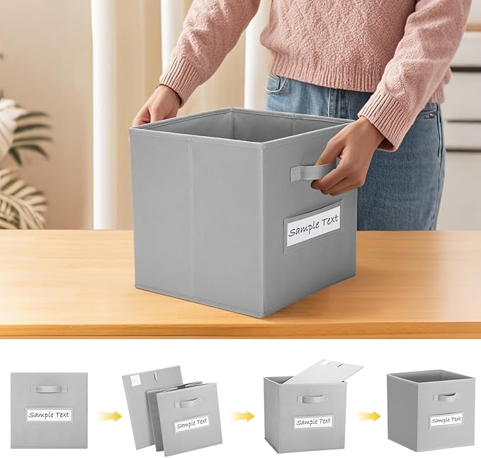 artsdi Fabric storage cubes (8 Pack) 11 Inch Cube Storage Bin, cube organizer bins with 8 Labels Window Cards & a Pen, Foldable cube organizer bins and Storage Box, Light Grey