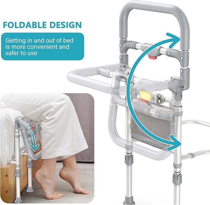 Bed Rails for Elderly Adults Safety Foldable Bed Side Assist Rail for Seniors with Motion Sensor Light & Storage Pocket, Adjustable Height Bedrails for Queen King Full Size Bed, 400 Lbs