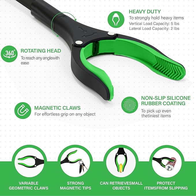 2 Pack 32 inch GrabRunner Folding Reacher Grabber Tool with Strong Magnetic and Swivel Head &Shoehorn (Green Green)