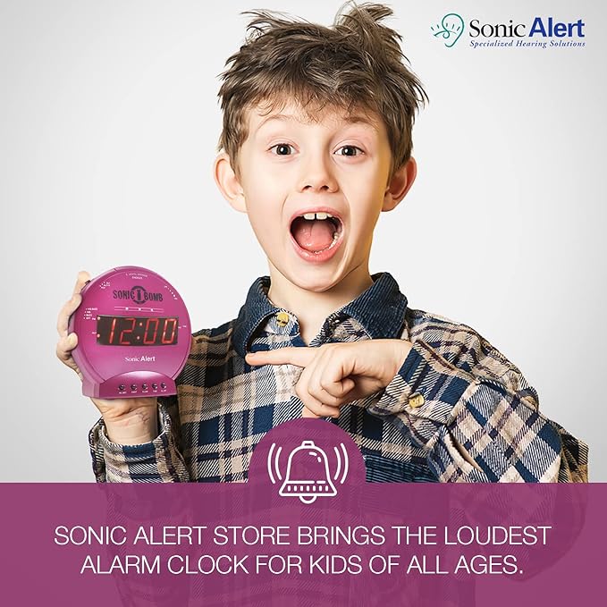 Sonic Alert Sonic Bomb Dual Alarm Clock with Bed Shaker, Pink Vibrating Alarm Clock Heavy Sleepers, Battery Backup | Wake with a Shake