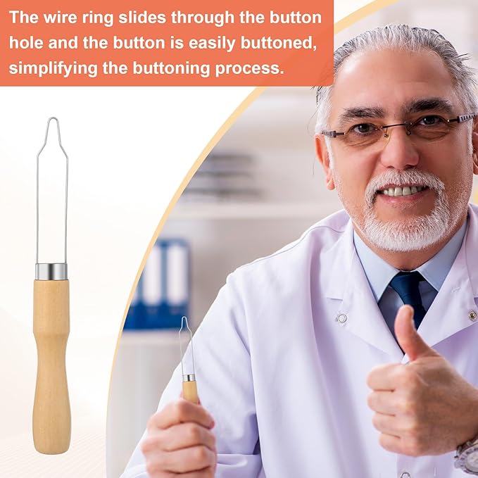 Easy Button Hook, Steel Button Helper Tool for Elderly, Wide Wood Handle Buttons Fastener Device Assist Dressing Aid Tool for Seniors One Hand - 1 Pack, Small Button
