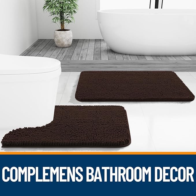 OLANLY Bathroom Rugs Sets 3 Piece, Soft Absorbent Chenille Bath Mats and U-Shaped Contour Toilet Rug, Quick Dry, Home Decor Accessories, Bath Mat Set for Bathroom (30"x20"+24"x16"+24"x20", Brown)
