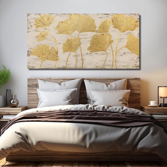 Gold Wall Decor Leaf Wall Art Large Photo Pictures Canvas Wall Decorations for Living Room Artwork for Girls Room 24"x48"