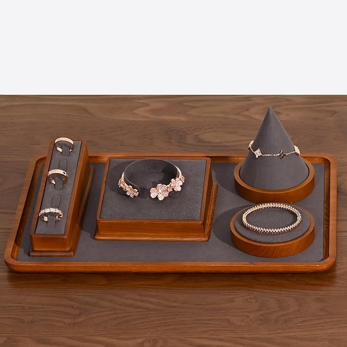 Oirlv Solid Wood Jewelry Tray Jewelry Display Holder Showcase Jewelry Display Organizer (Large, Grey)