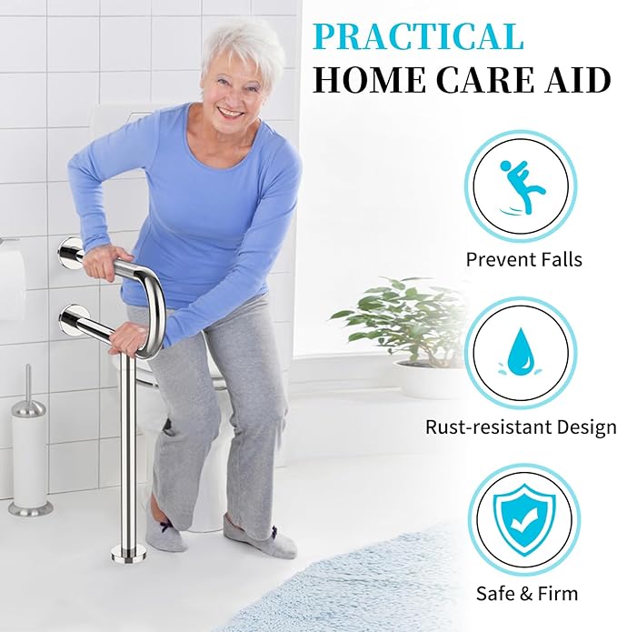 Toilet Support Rail 23.4X 28 Inch, Munzong Anti-Slip Chrome Handicap Grab Bar for Bathroom, Stainless Steel Knurled Safety handrails with Leg for Elderly Disabled Pregnant-1.25’Tube