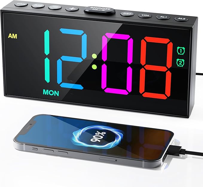 RGB Digital Alarm Clock for Bedroom, Dual Alarms ,Weekday/Weekend/Everyday Mode, 7 Dimmer,5 Volume,2 Charging Ports, 9-min Snooze,Memory Function,Plug in Desk Clock Large Display for Kids/Teens