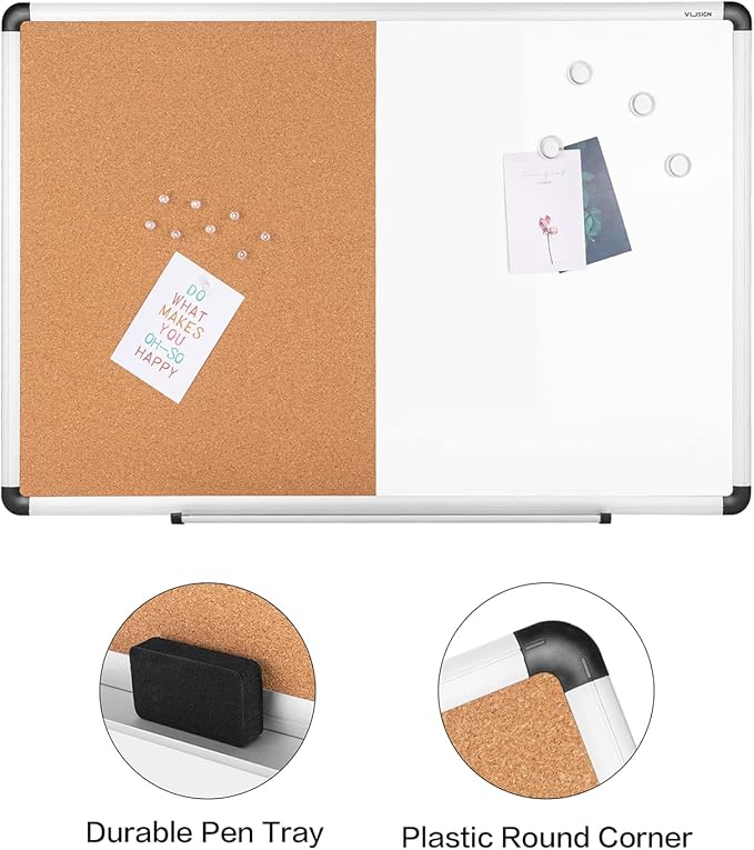 VUSIGN White and Cork Board Combination, 24" x 36" Dry Erase and Corkboard Combo for Home or Office, Wall Mounted Notice Bulletin With Aluminum Frame