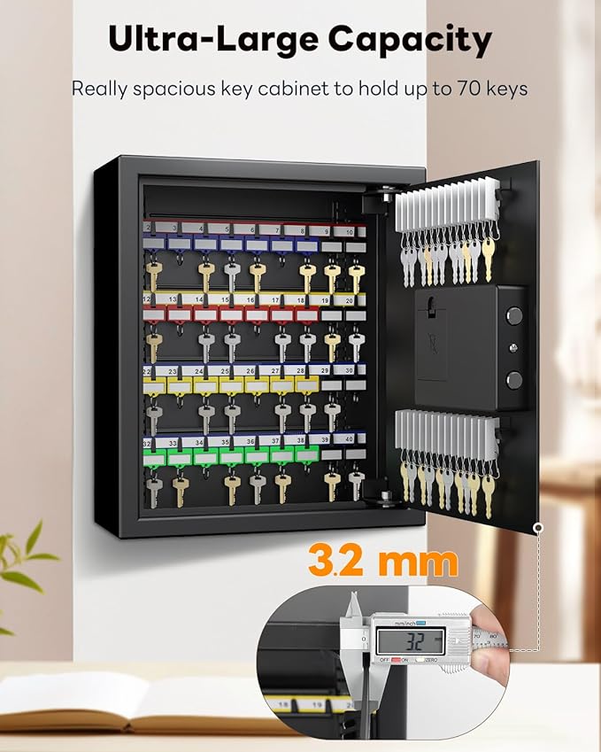 Uniclife 70 Position Key Cabinet with Combination & Key Lock Wall Mounted Security Keys Safe Key Organizer Black Digital with Keypad Adjustable Racks Key Tags & Permanent Pen (Batteries Not Included)