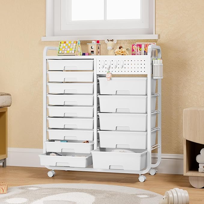 Rolling Storage Cart with 14 Drawers, Storage Organizer Cart with Tabletop and Pegboard,Utility Cart for Living Room, Classroom, Bedroom,Bathroom,Dorm,Office (White)