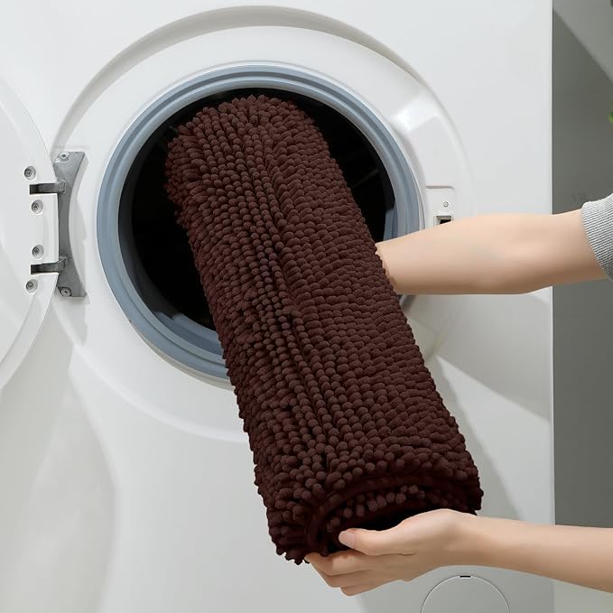 HOMEIDEAS 3 Pieces Bathroom Rugs, Ultra Soft Non Slip Absorbent Chenille Toilet Bath Mat Set (Brown)