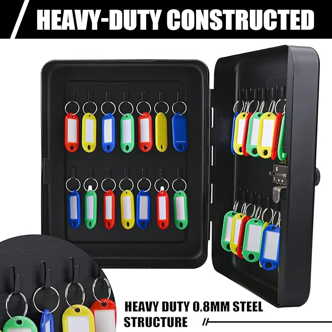 Key Box Wall Mount with Combination Lock, 28 Key Hooks & Tags Key Organizer, Steel Security Locking Key Cabinet, Storage Key Lock Box with Code, Key Management Cabinet