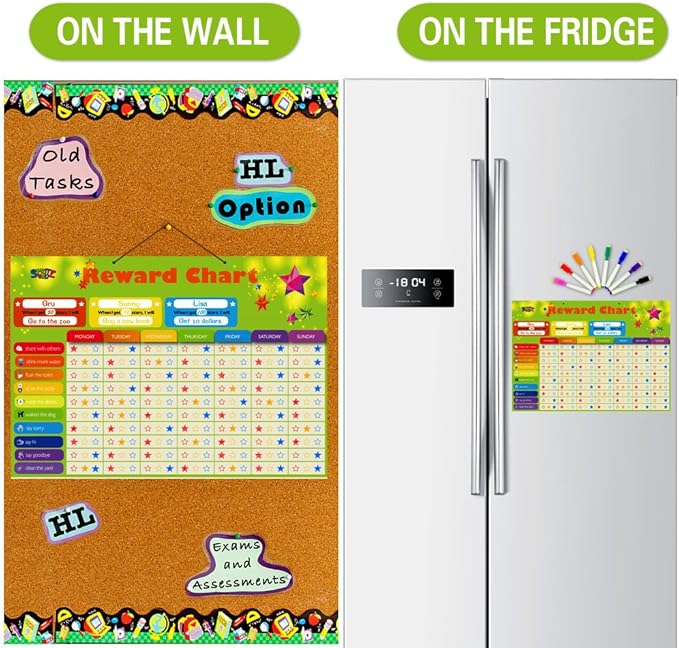 Magnetic Reward Behavior Star Chore Chart for One or Multiple Kids, Includes 8 Markers + 60 Foam Backing Illustrated Chores + 300 Stars in Red, Yellow, Blue. X- Large 17X12 inch. Hanging Loop READY!