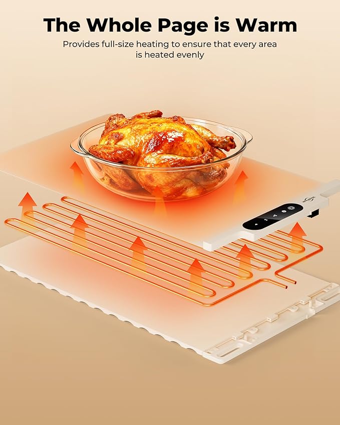 Electric Warming Mat for Food - Full Surface Fast Heating Silicone Tray with 3-Level Temperature, Auto-Off, Raised Feet for Table Protection, Versatile Warmer for Gatherings Parties Buffets