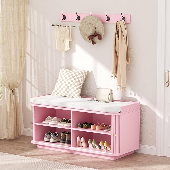 Hall Tree with Bench and Shoe Storage, Entryway Bench with Sliding Door Cabinet, Removable Padded, Metal Wall Hooks and Adjustable Storage Compartments, for Entry, Hallway, Living Room, Pink